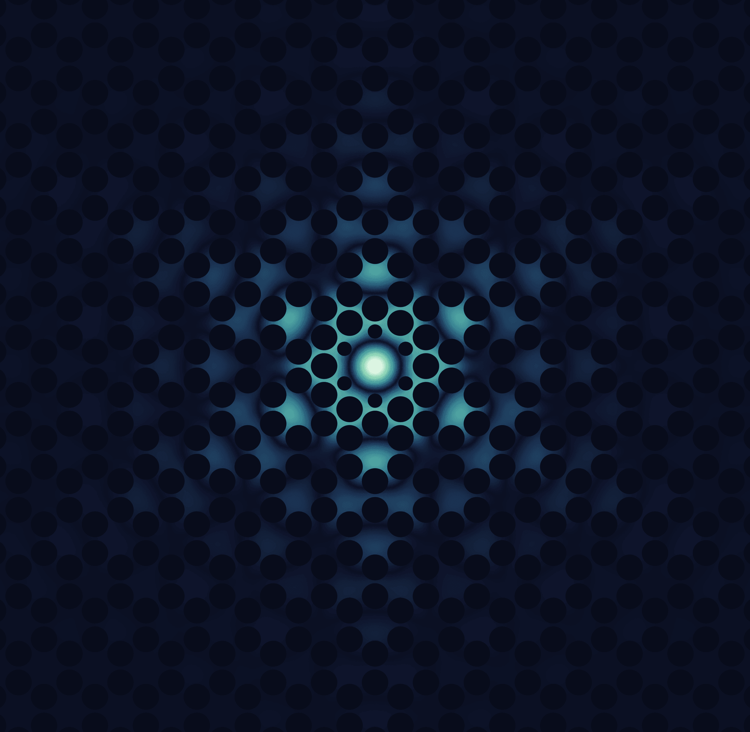 A metallic object with multiple holes resting on a reflective surface with glowing blue lights.