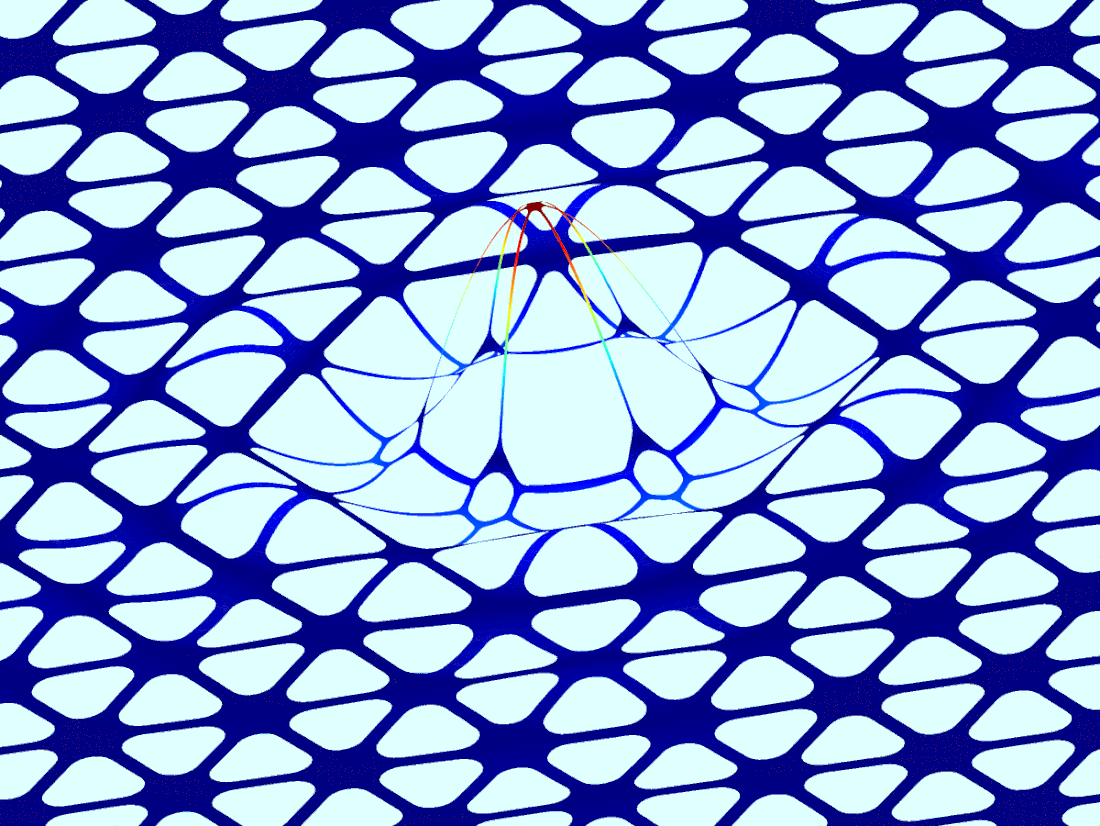 Close-up illustration of a spider on a patterned surface with a network of lines and a kaleidoscope-like background in shades of blue and white.