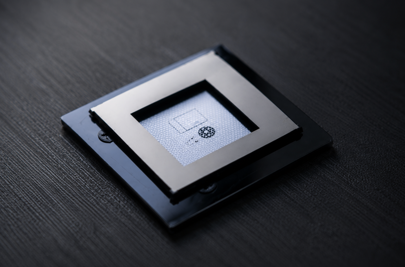 Close-up of a black computer CPU socket with an empty CPU chip slot on a dark surface.