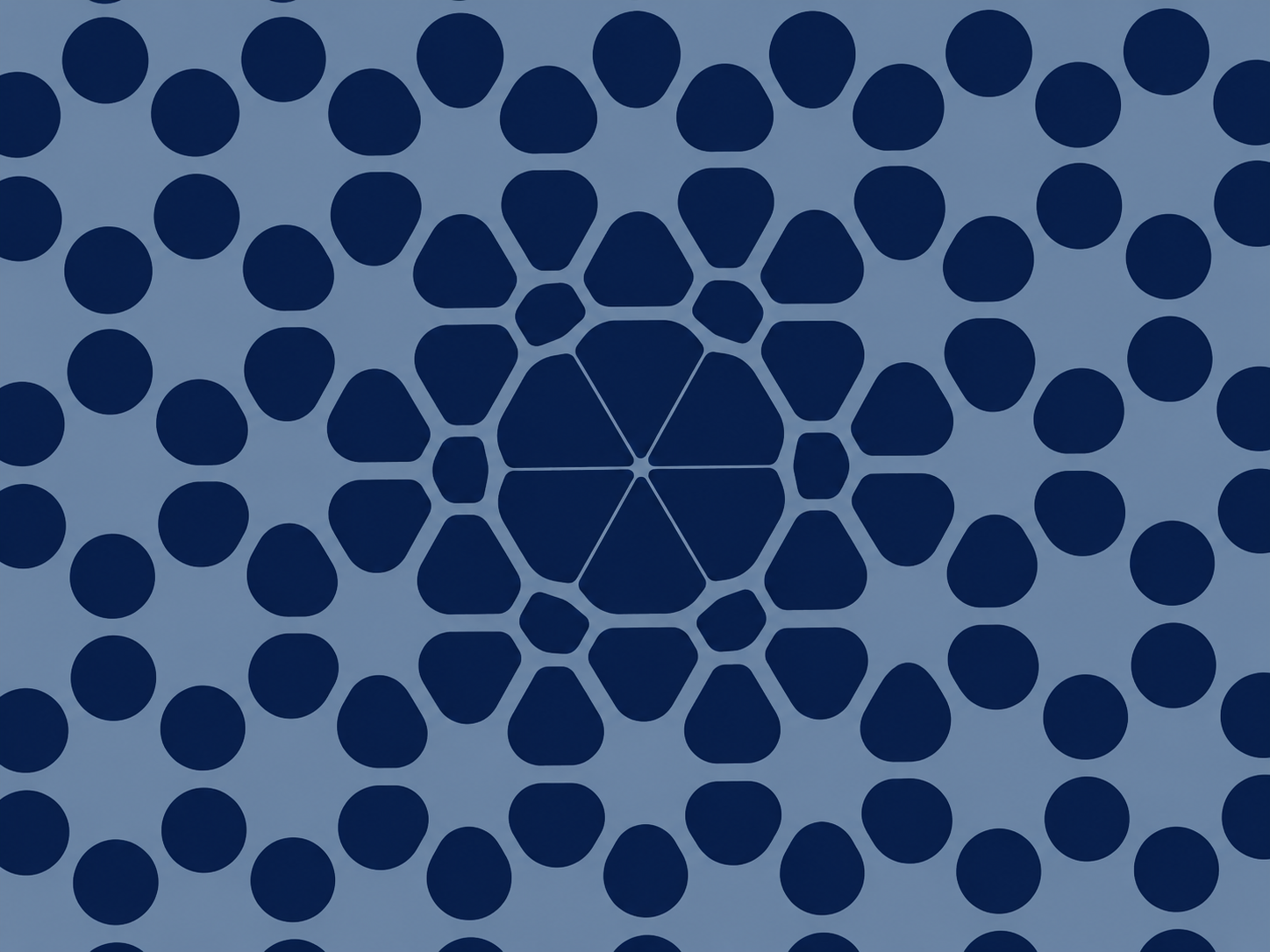 A geometric pattern with a central circular arrangement of petal-like shapes, surrounded by blue circles on a light blue background, creating a symmetrical design.
