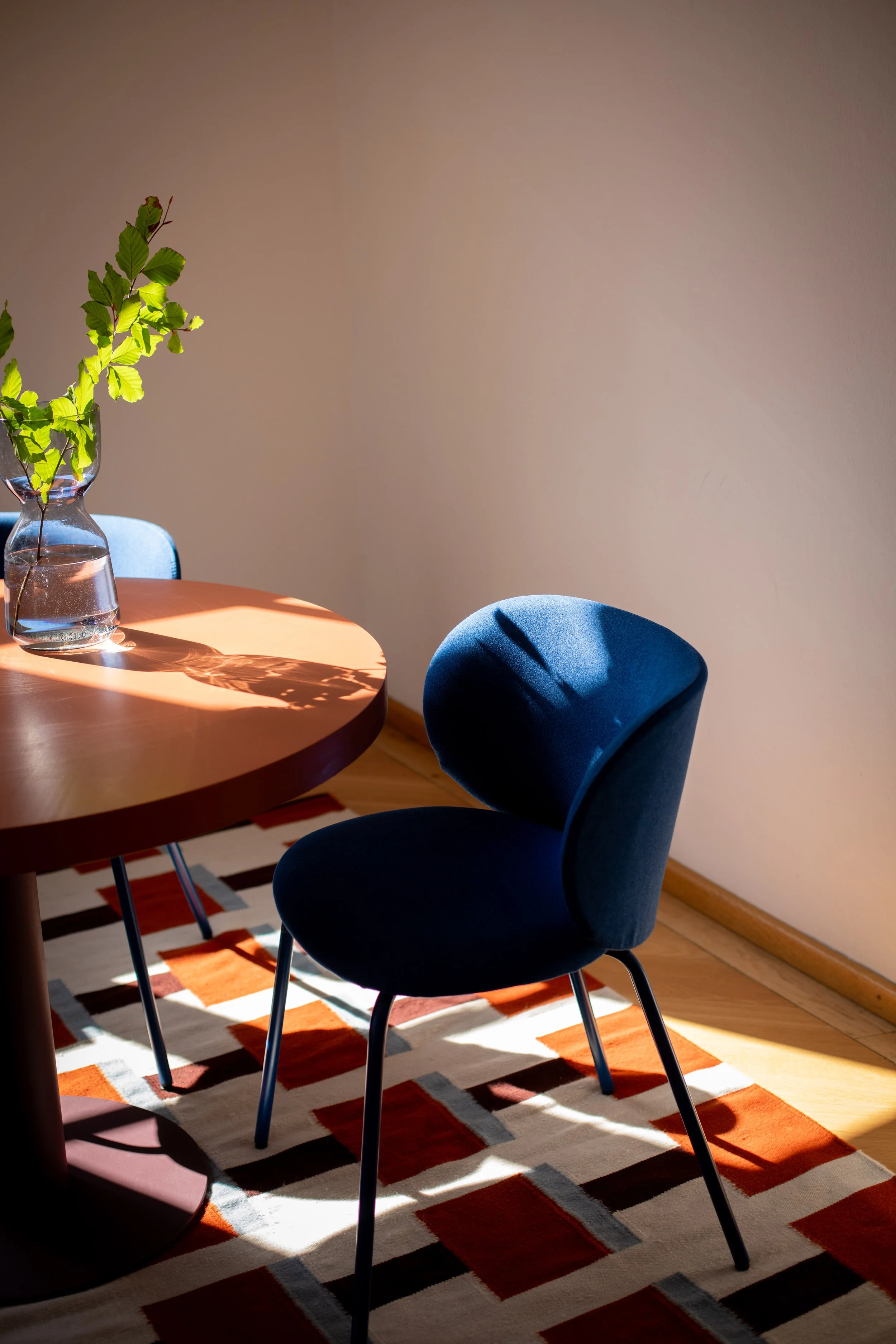 Ein runder Tisch mit einem blauen Stuhl und einer Vase mit grünen Blättern, Sonnenlicht wirft Schatten auf den Tisch und den Teppich.