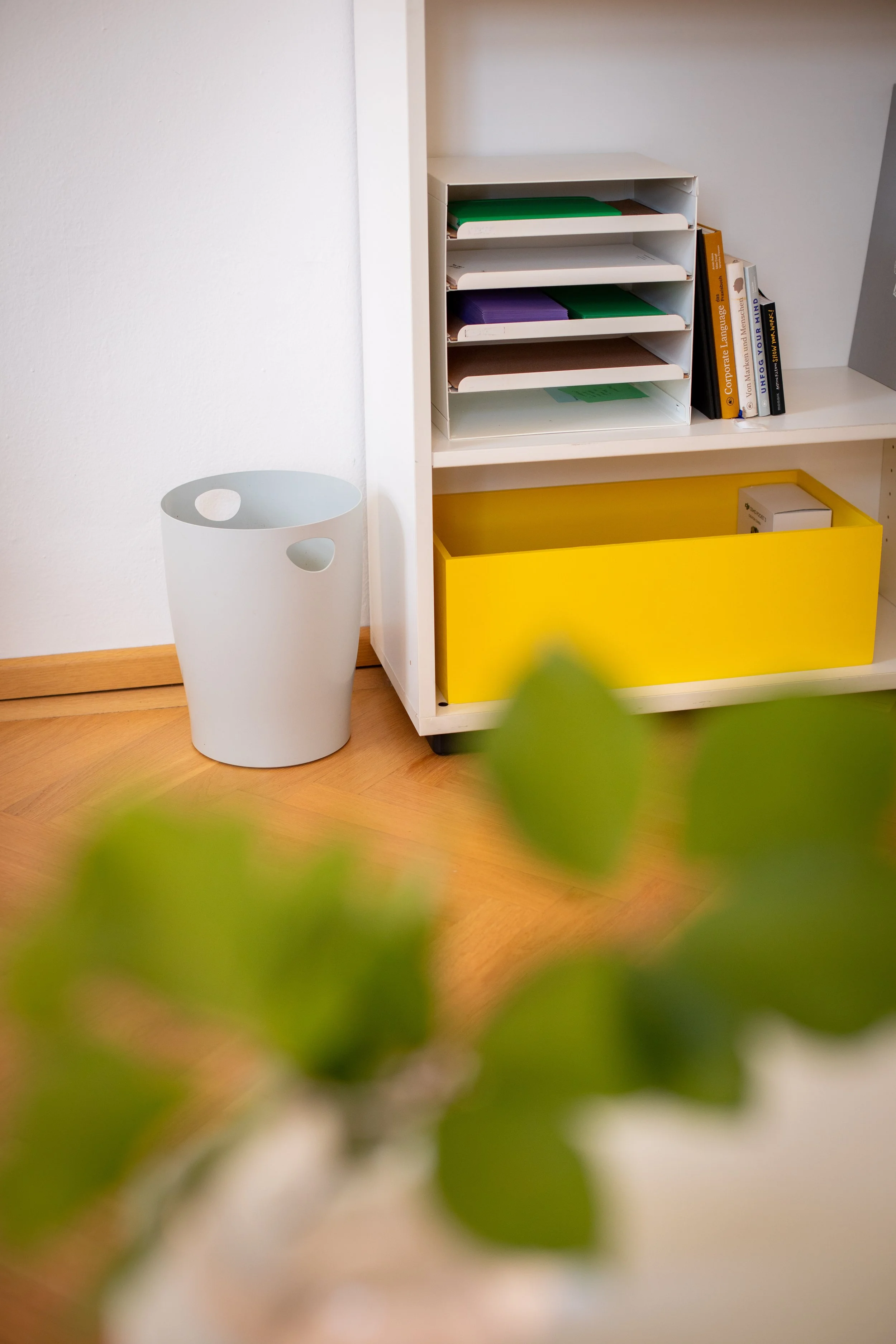 Bücherschrank mit bunten Fachunterlagen und Büchern, die nach rechts gerichtet sind, neben einem weißen Papierkorb und einer weißen Wand.