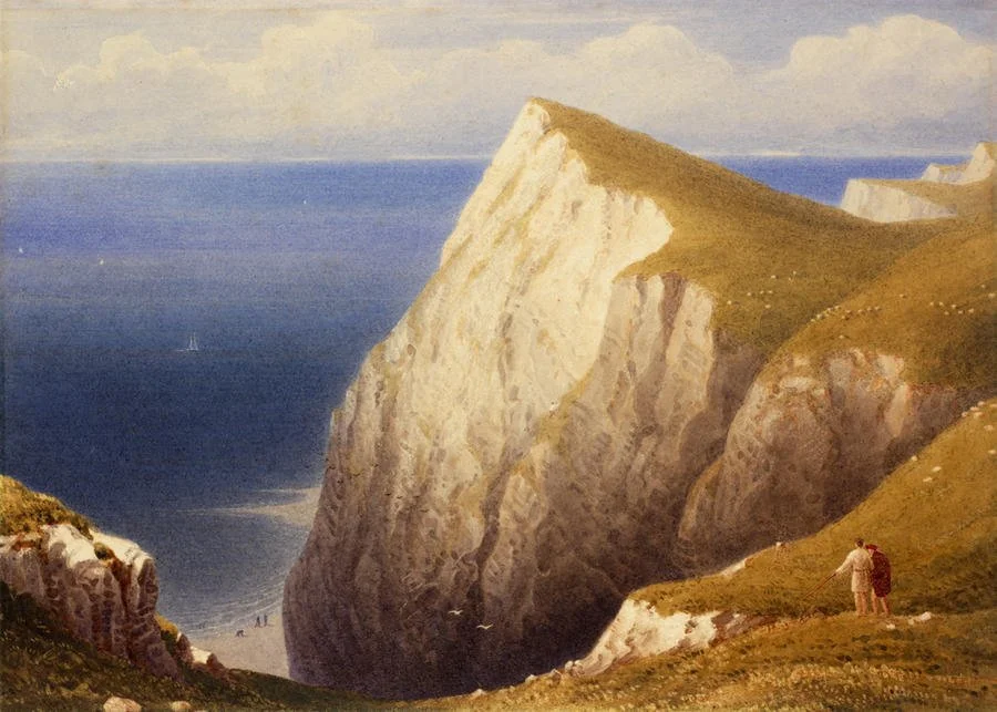 Old image of two hikers on the cliffs looking at Shakespear cliff jutting out and surrounded by the sea.