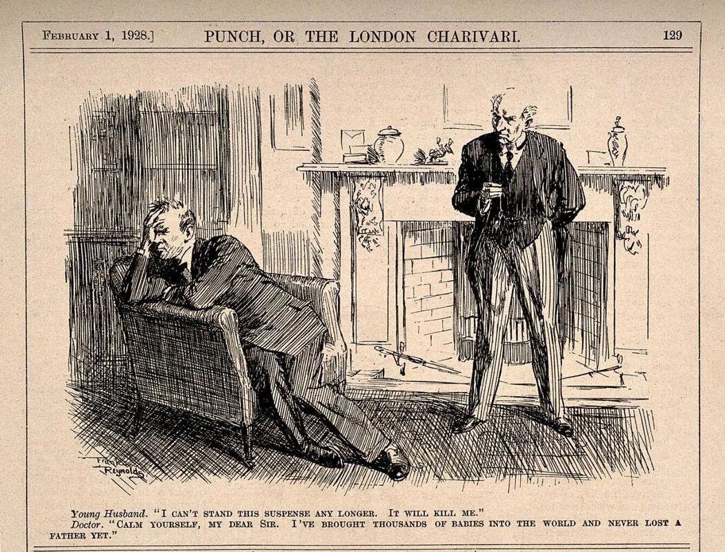 A cartoon showing a husband with his head in his hands while waiting for his wife to give birth, while the Doctor talks to him.