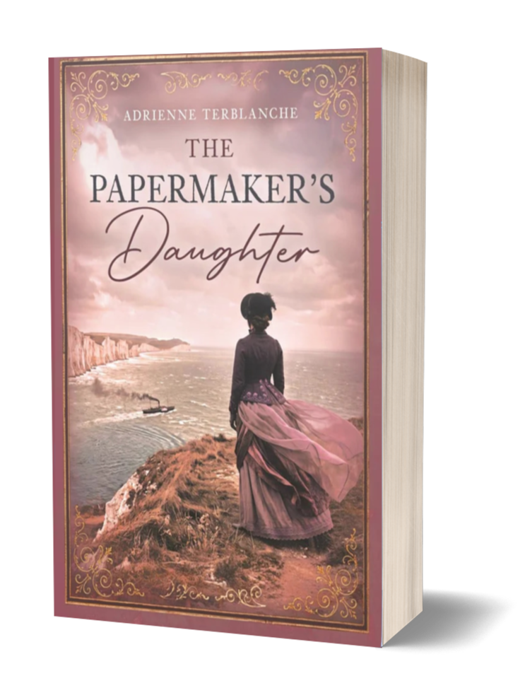 Book cover titled "The Papermaker's Daughter" by Adrienne Terblanche, featuring a girl in a vintage dress walking on a cliff overlooking the sea with a ship in the distance, pink and gold decorative border.