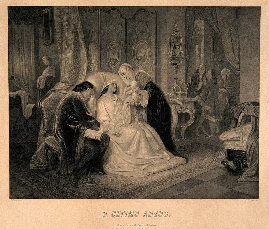 A pale young woman in a white gown lies propped on pillows while an older woman in a dark cloak holds a swaddled baby out to her. A young man sits beside the bed with his head bowed in grief.