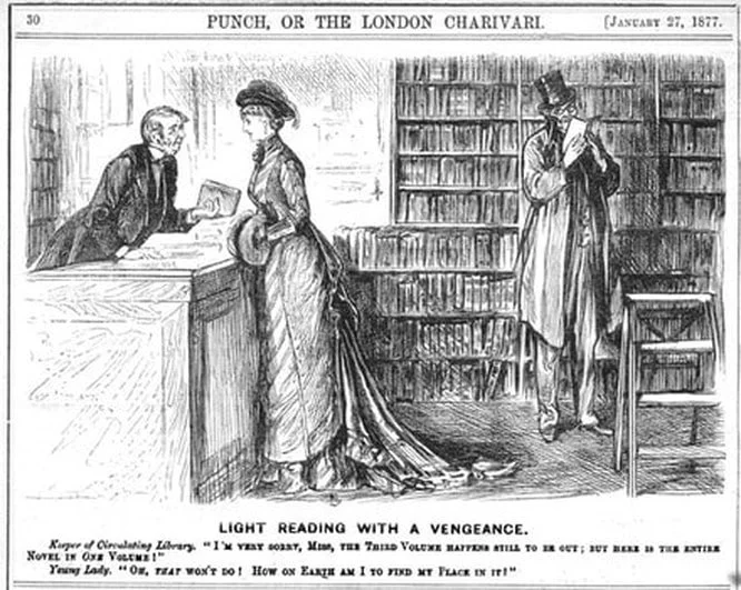 Cartoon that shows a woman taking a book out at a library.