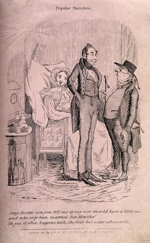 Wood engraving of a bemused husband querying a doctor as to how his wife of only six months has given birth.