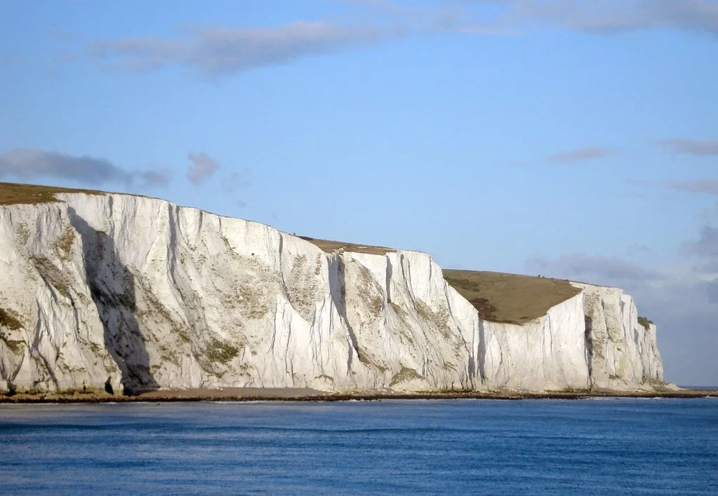 The White Cliffs of Dover with the sea in the foreground.