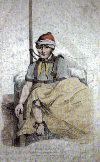 Drawing of James Norris a patient at Bethlem hospital who was shackled to an iron pole.