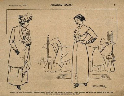 Illustrated image of four children in the same bed, some with the measles and their mother is talking to a nurse.