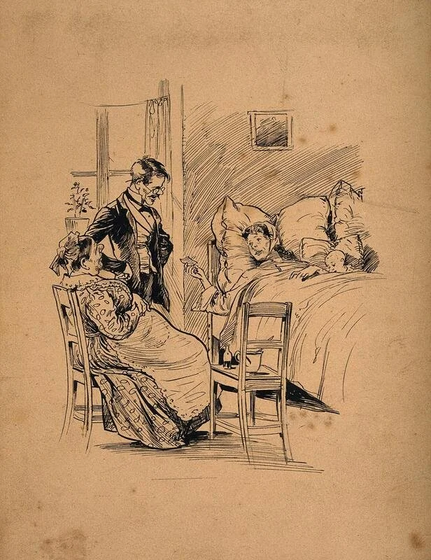 A woman handing a note to her physician after giving birth, the midwife is seated near her. Pen drawing by J. Ulrich. Wellcome Collection.(CC BY 4.0).