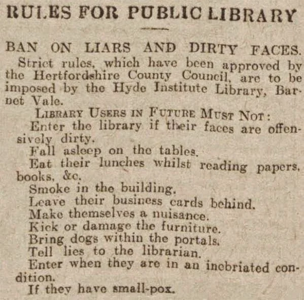 Old text that reads rules for public library