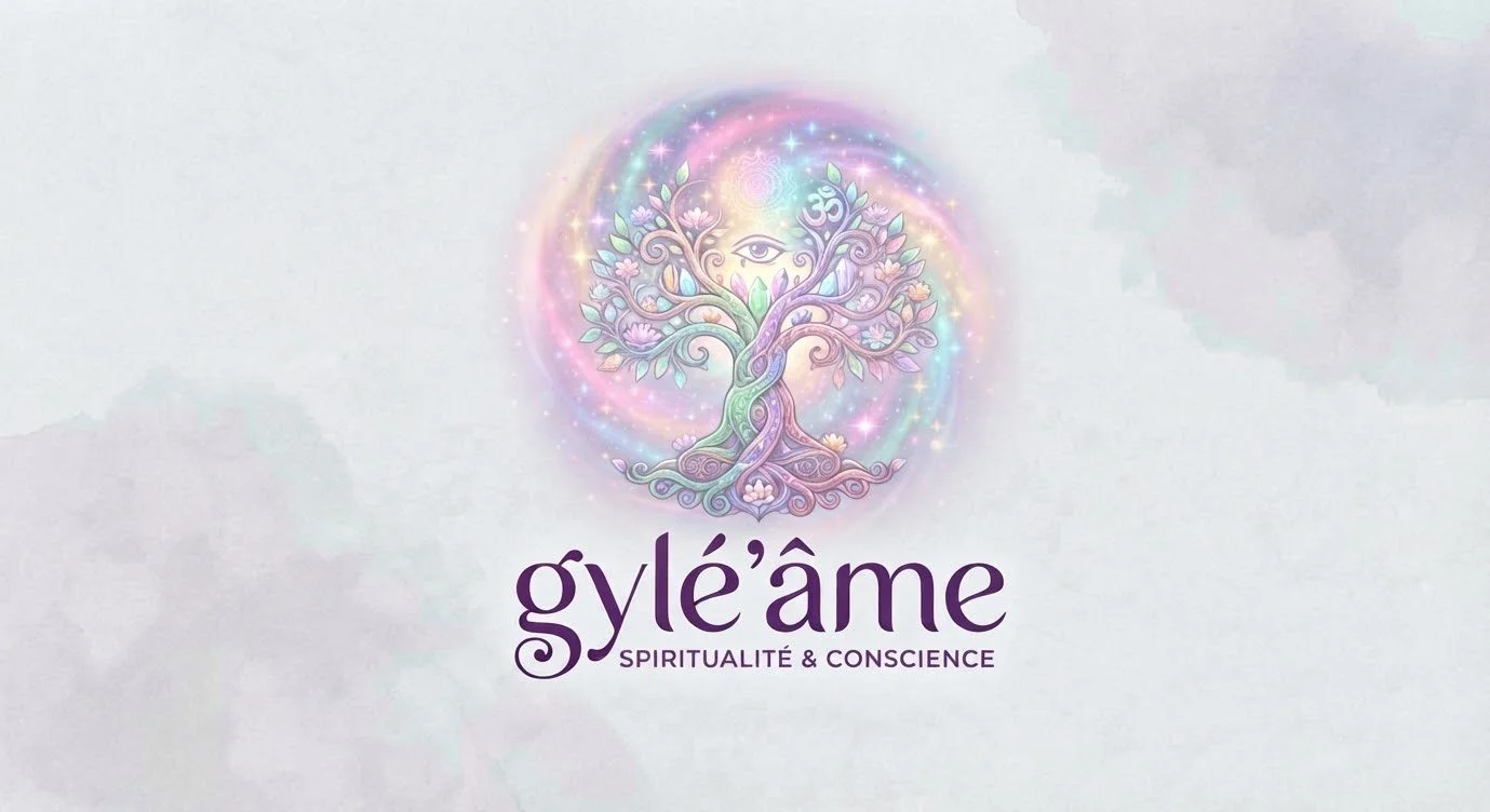 Logo avec un arbre stylisé, un œil au centre, entouré de couleurs et d'éclats lumineux, avec le texte 'gyle'âme' et 'SPIRITUALITÉ & CONSCIENCE' en dessous.