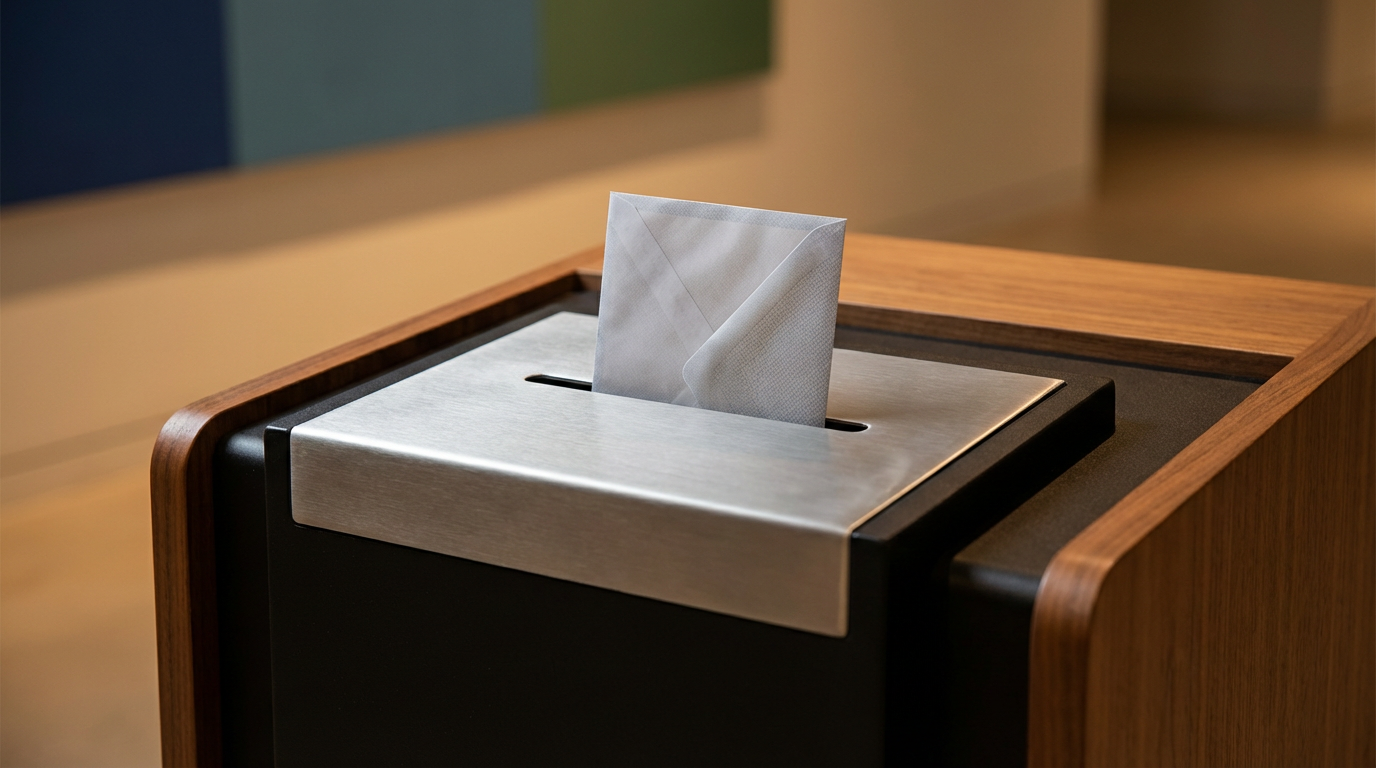 Tissue box with a tissue partially pulled out, placed on a wooden and black surface.