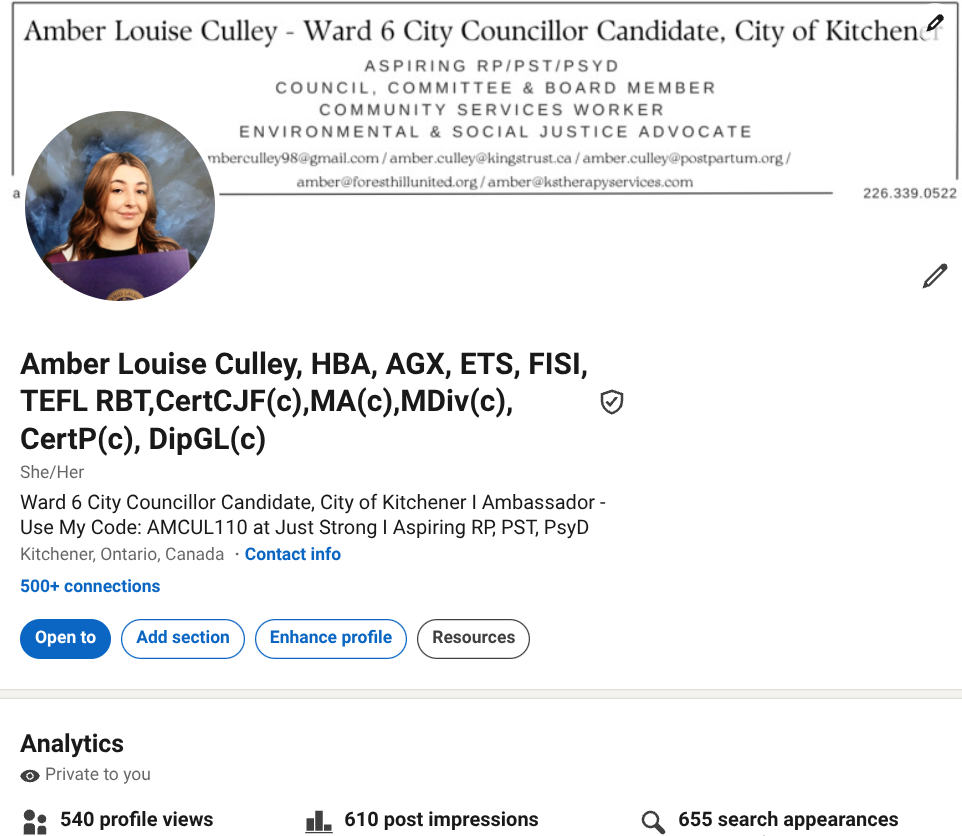 A LinkedIn profile page for Amber Louise Culley, a Ward 6 City Councillor Candidate for Kitchener, featuring a professional photo of a woman with long brown hair holding a purple folder, along with her email addresses, phone number, credentials, and a brief biography.