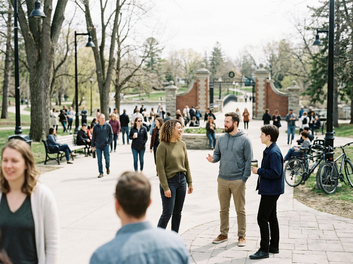 People socializing outside in a park with trees, benches, bicycles, and a gated entrance in the background.