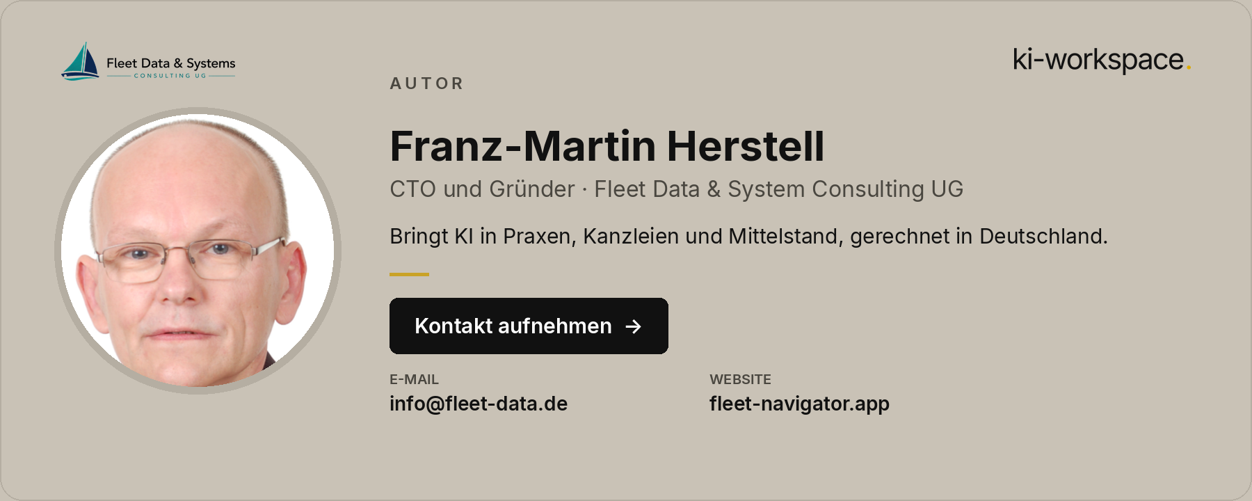 Autorenkarte Franz-Martin Herstell, Gründer und CTO der Fleet Data & System Consulting UG, mit Kontakt info@fleet-data.de und Website fleet-navigator.app.
