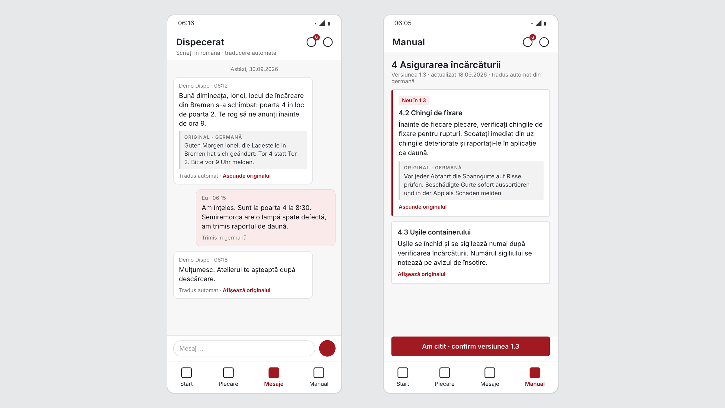 Zwei Bildschirme der Fahrer-App auf Rumänisch: links der Chat mit der Disposition, unter der übersetzten Nachricht das deutsche Original; rechts ein geänderter Handbuchabschnitt, markiert als neu in Version 1.3, mit deutschem Original darunter