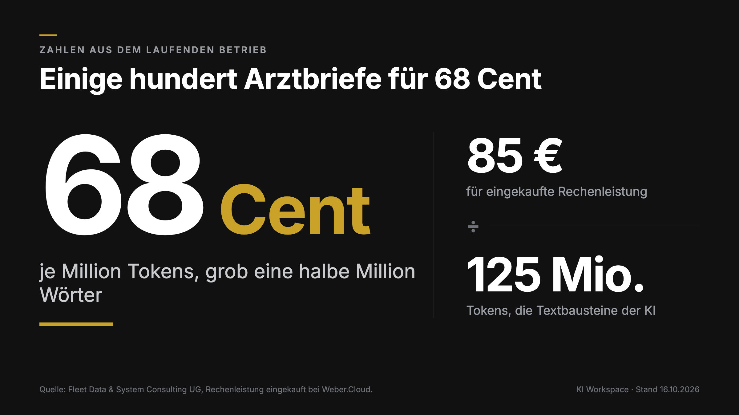 Große Zahl: 68 Cent je Million Tokens, grob eine halbe Million Wörter. Daneben die Rechnung: 85 Euro für eingekaufte Rechenleistung geteilt durch 125 Millionen Tokens. Quelle Fleet Data, eingekauft bei Weber.Cloud.