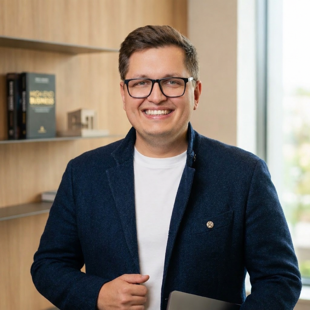 Ein junger Mann mit Brille trägt eine dunkle Blazerjacke und ein weißes T-Shirt, steht vor einem Bücherregal und lächelt in die Kamera.