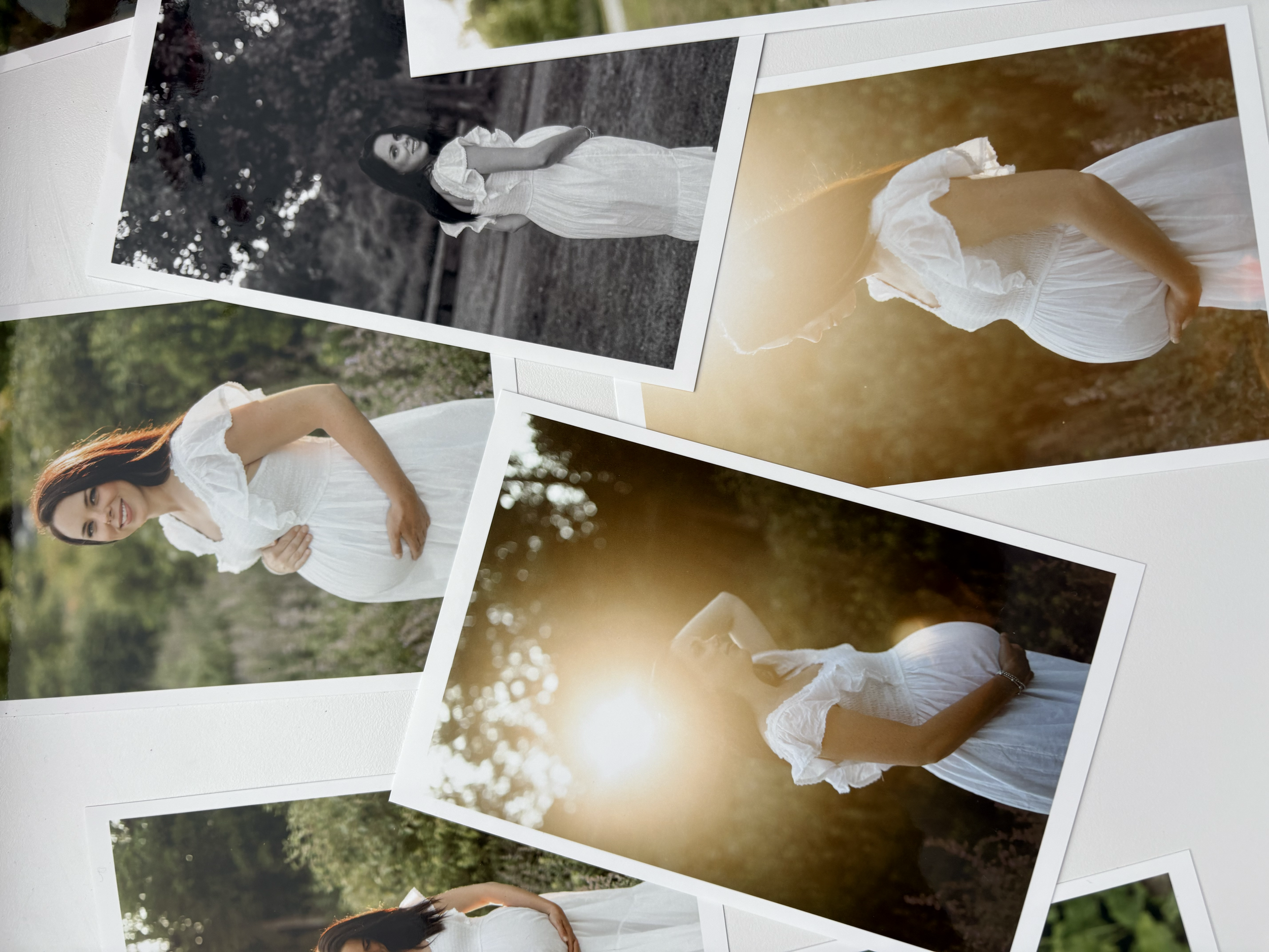 A collage of four photos of a pregnant woman in a white dress outdoors, with a warm, golden sunlight and nature background.