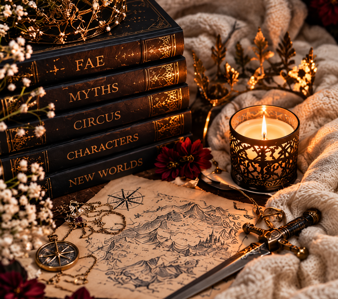 Stack of books titled "Fae," "Myths," "Circus," "Characters," and "New Worlds" arranged vertically on a table, surrounded by fantasy-themed objects including a lit candle in a ornate holder, a fantasy map, jewelry, a sword, and magical accessories, with flowers and decorative lights creating a mystical atmosphere.