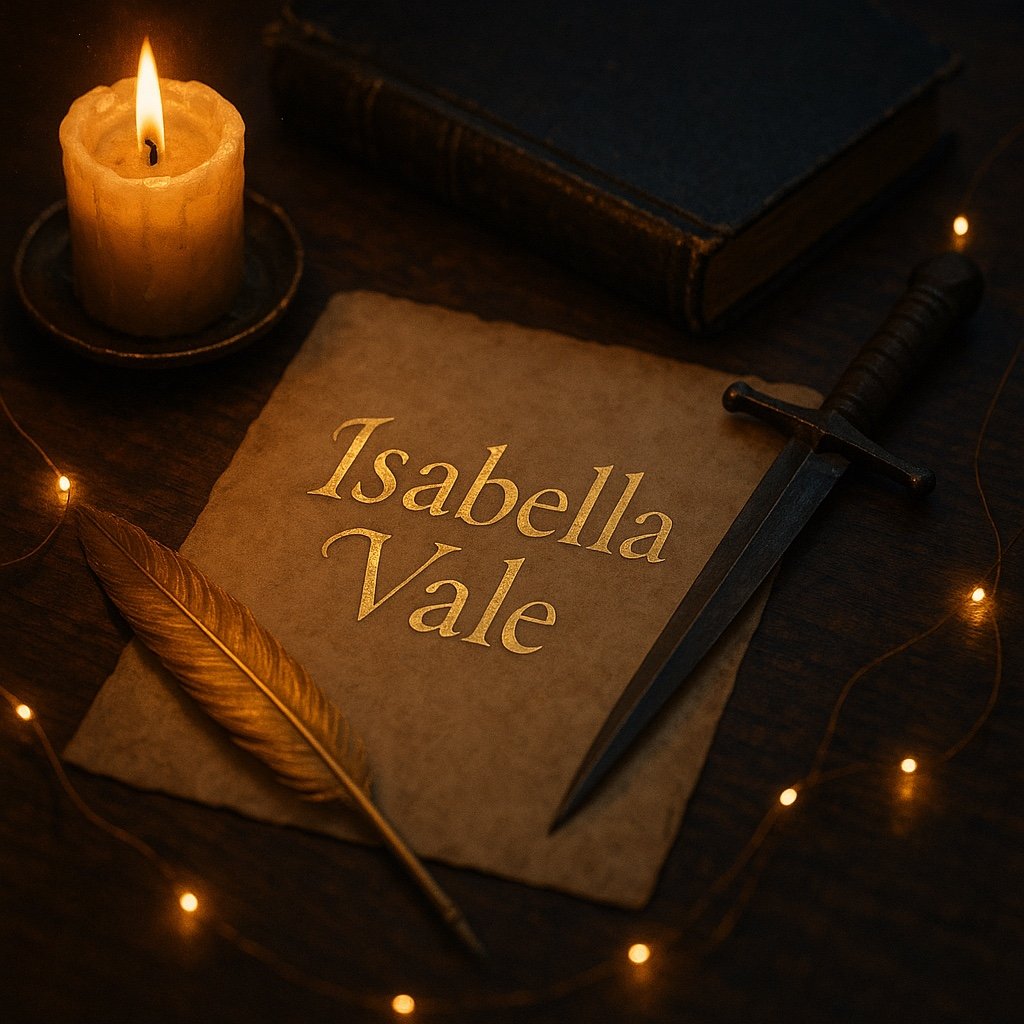 A lit candle, a feather, a closed book, a sword, and a paper with the name 'Isabella Vale' written on it are arranged on a dark wooden surface, with small string lights surrounding them.