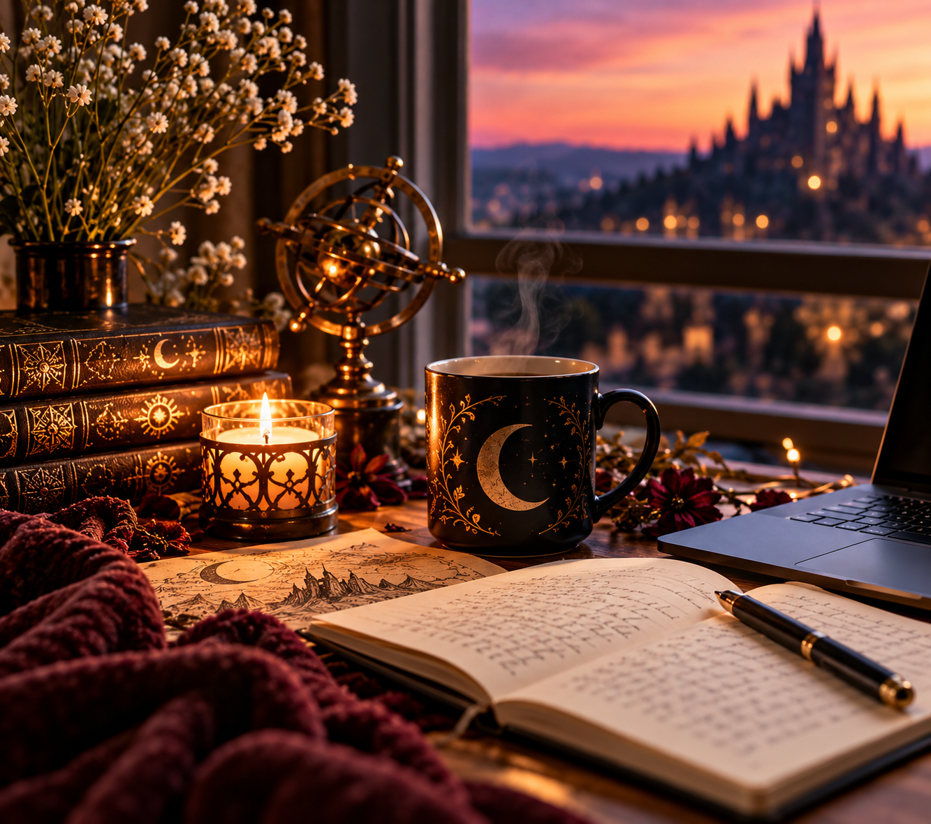 A cozy evening workspace with a steaming mug, candles, books, and decorative items, overlooking a castle at sunset or sunrise.
