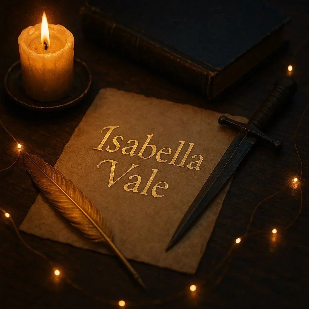 A candle, a feather, an old book, and a dagger on a dark wooden surface with fairy lights, with a piece of paper bearing the name 'Isabella Vale' in elegant gold lettering.