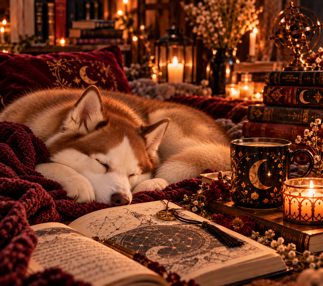 A husky dog sleeping on a bed surrounded by candles, books, and decorative objects in a cozy, warmly lit room with a mystic and magical atmosphere.