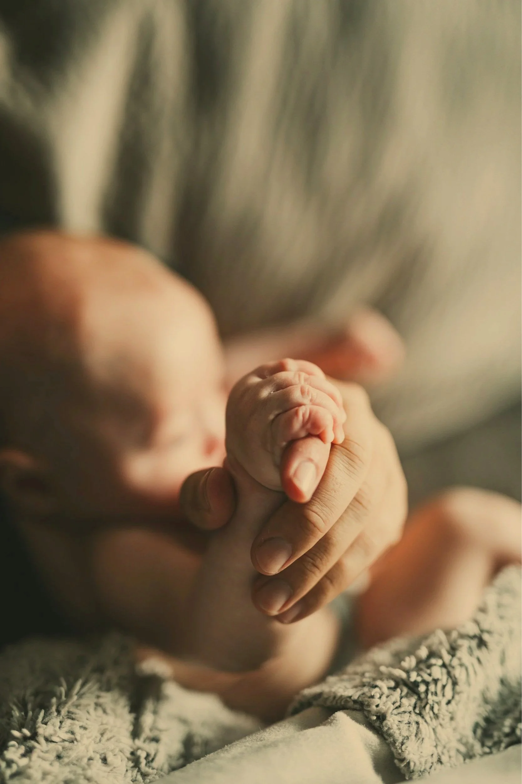 Close-up of a parent's hand holding a newborn baby's tiny hand, both hands resting on a soft, textured blanket.