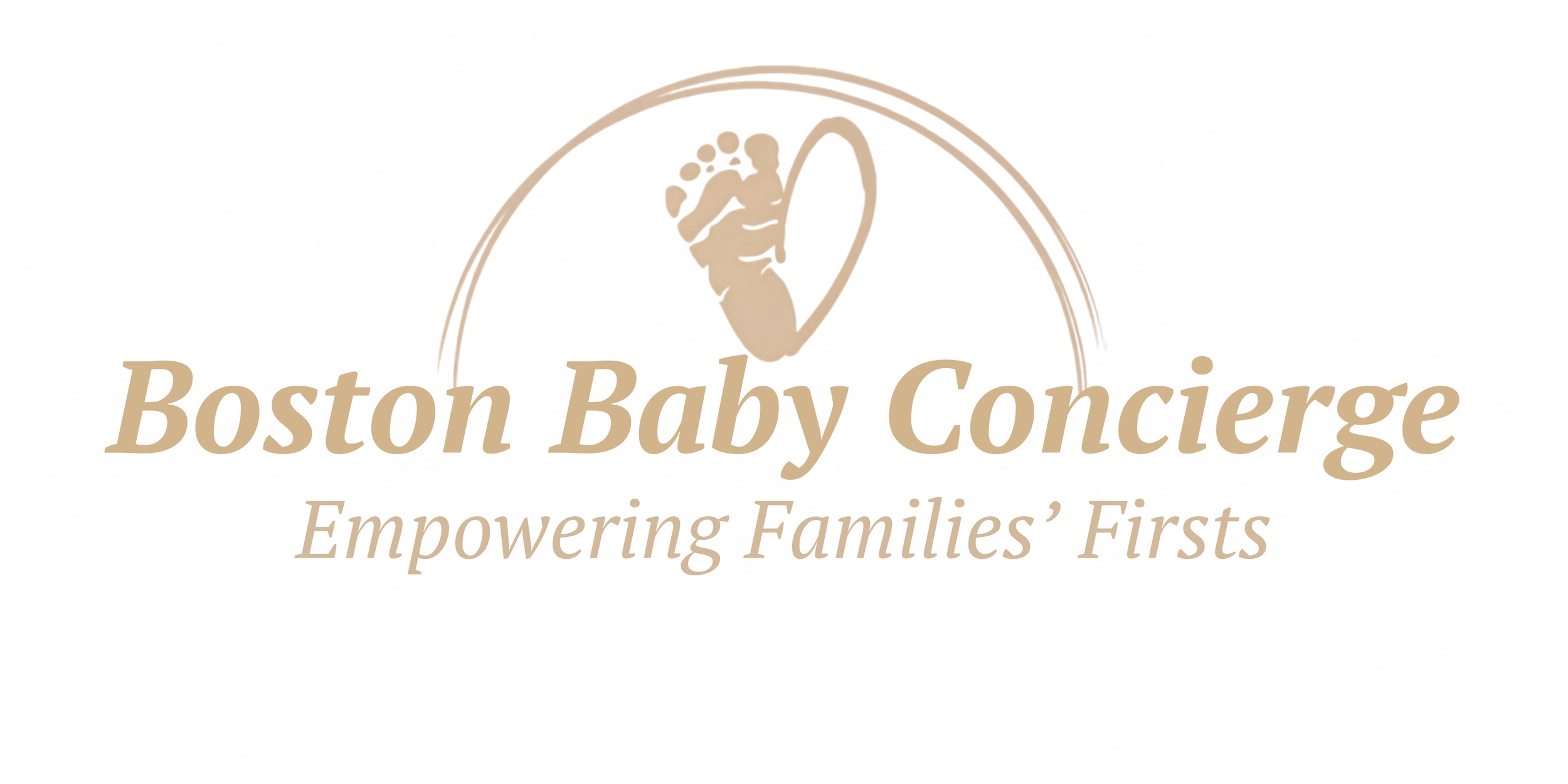 Logo of Boston Baby Concierge with a baby silhouette, arch, and slogan 'Empowering Families' First' in beige color.