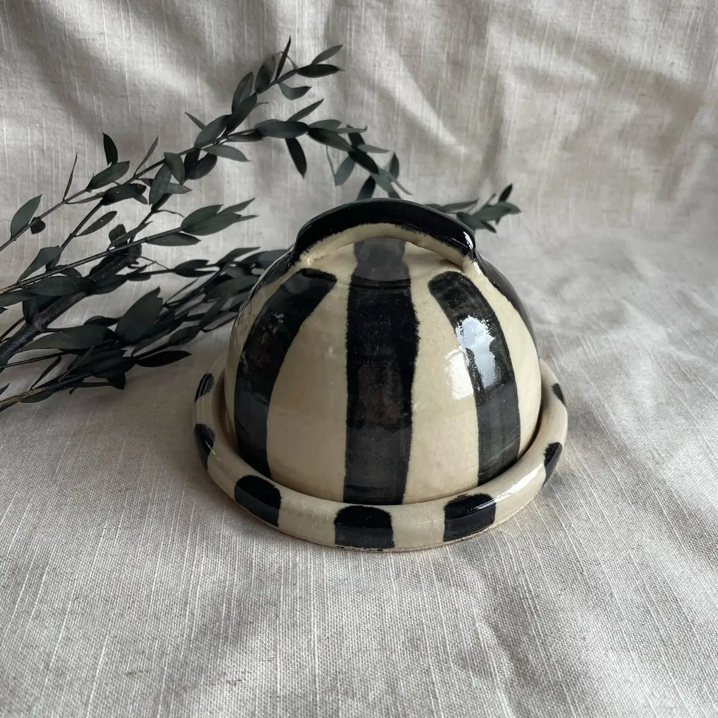 Striped handmade butter dish