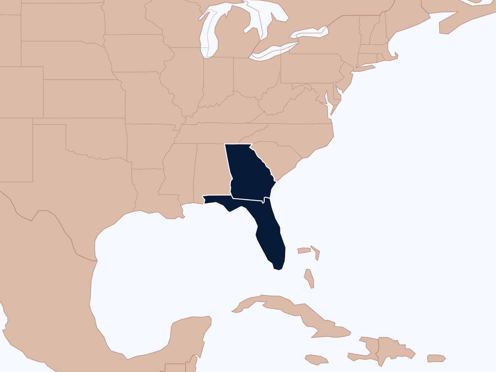 Map of the southeastern United States highlighting the service area of Florida, Georgia.