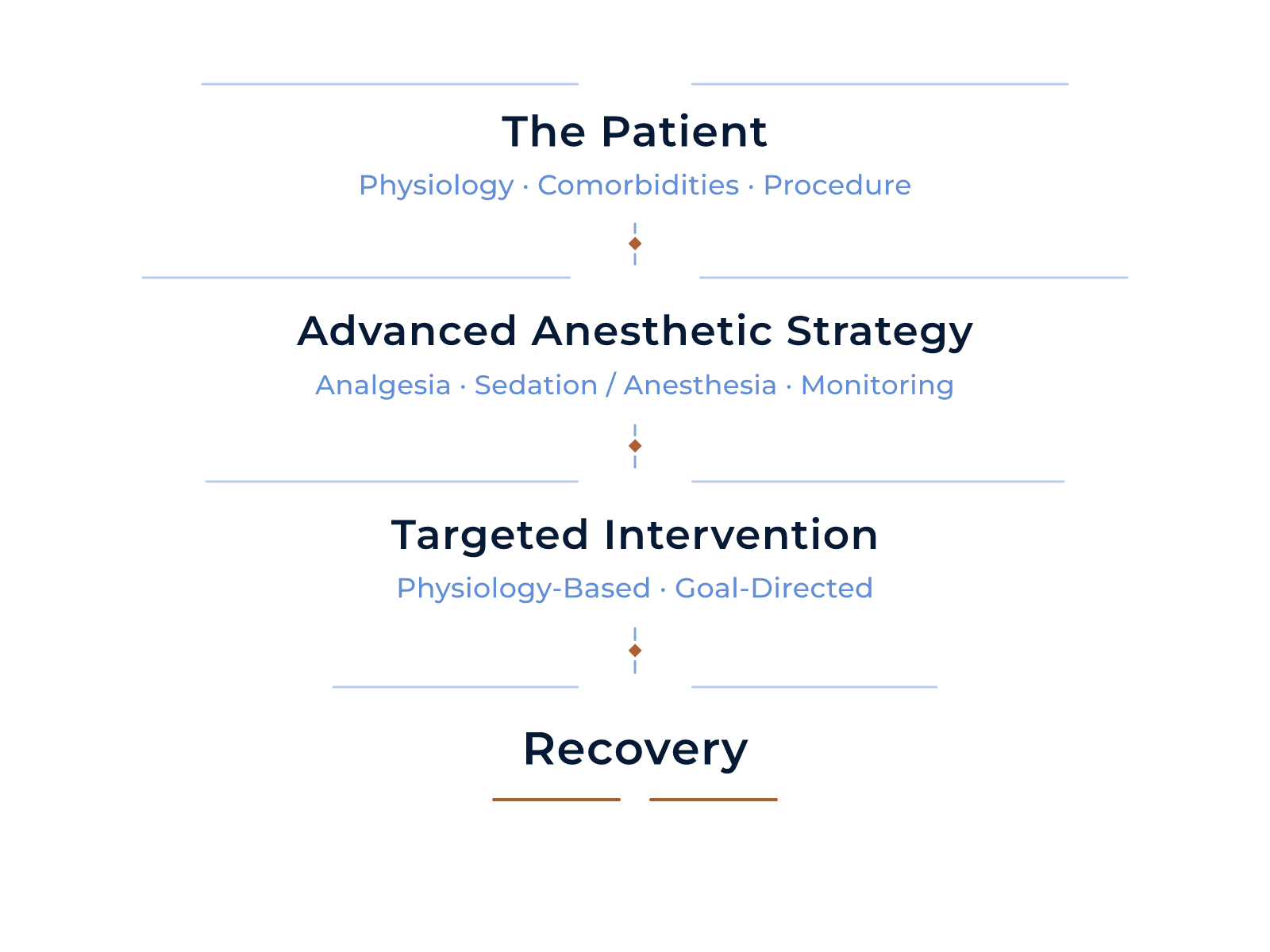 Diagram showing patient factors leading to advanced anesthetic strategy, targeted intervention, and recovery.