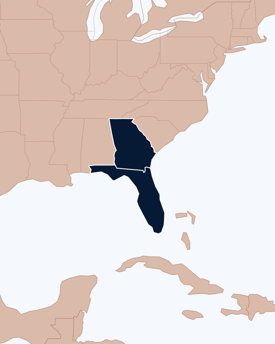 Map of the southeastern United States showing Florida, Georgia, South Carolina, Alabama, and Tennessee in dark color.