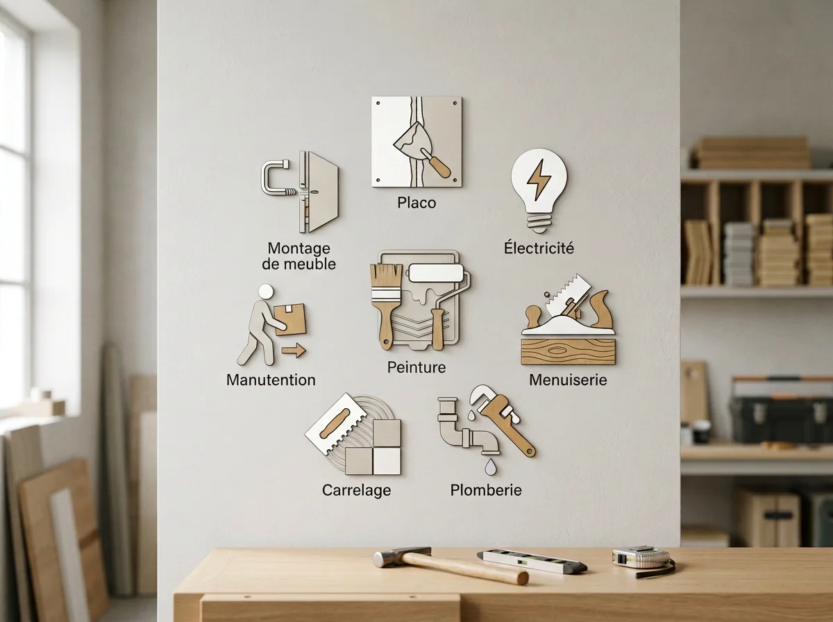 Panneau illustré avec icônes représentant des activités de bricolage: montage de meuble, pose de placo, électricité, manutention, peinture, menuiserie, carrelage, plomberie.