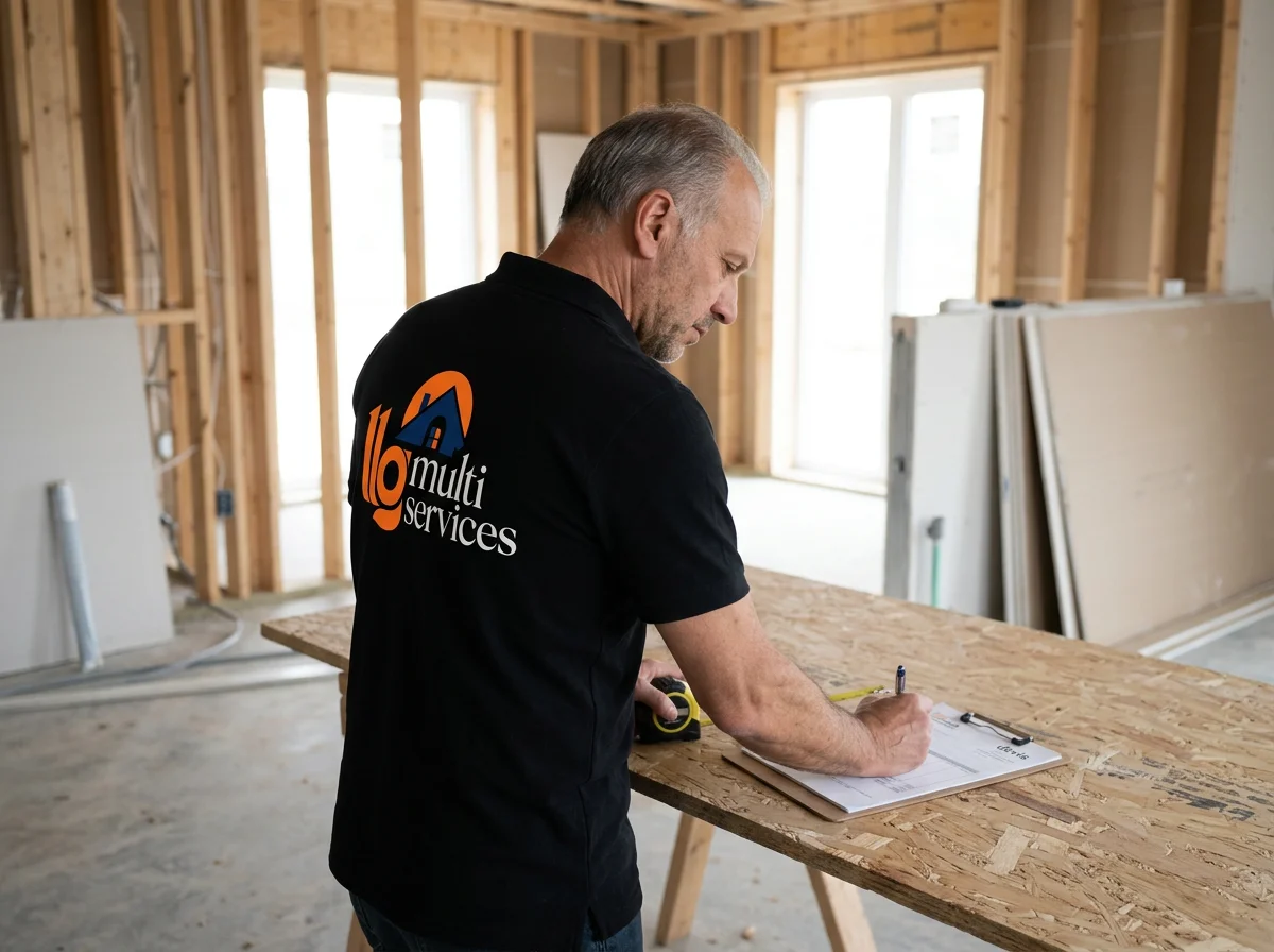Un homme en noir avec un logo 'Multi Services' sur le dos, écrit en français, travaille à un plan dans un espace en construction, utilisant un ruban à mesurer et un stylo.