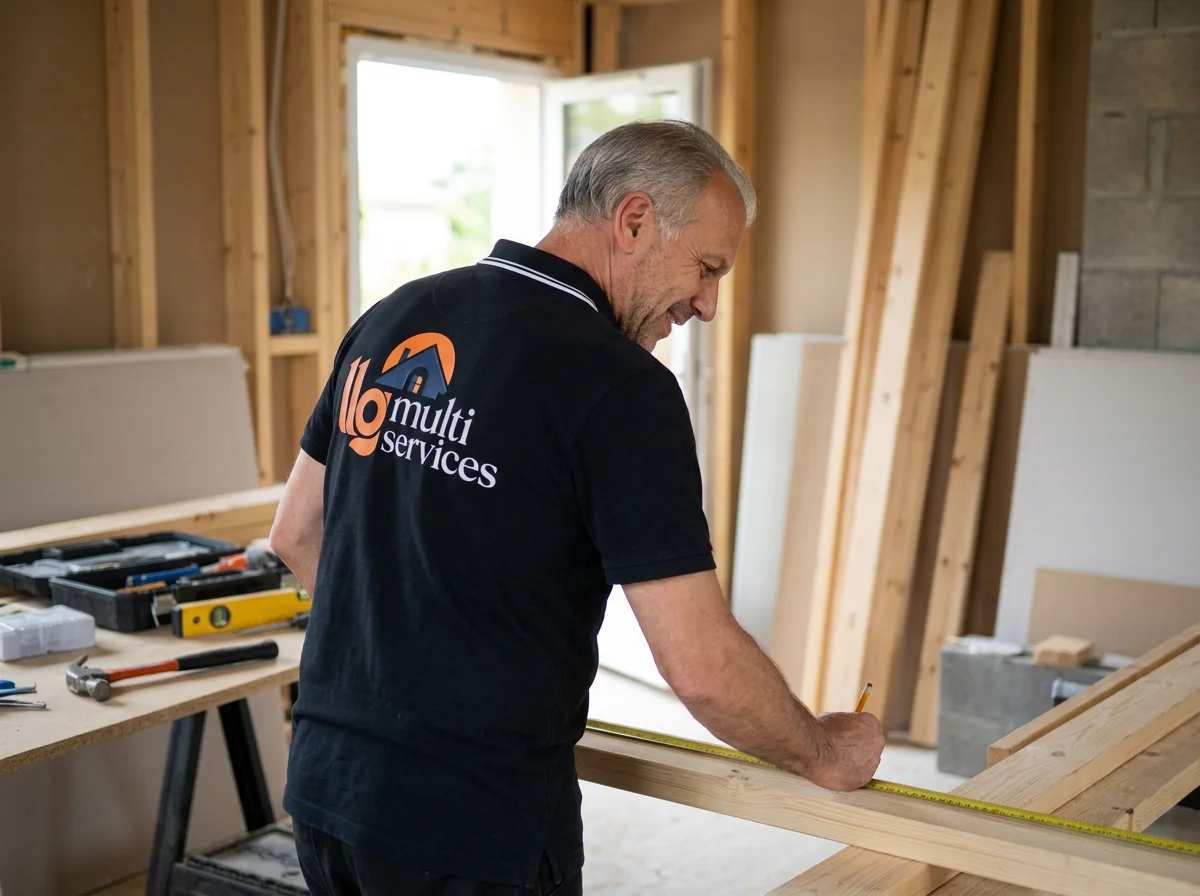 Un homme mesure une pièce de bois dans une pièce en construction, portant un t-shirt noir avec le logo 'multi services' à l'arrière.