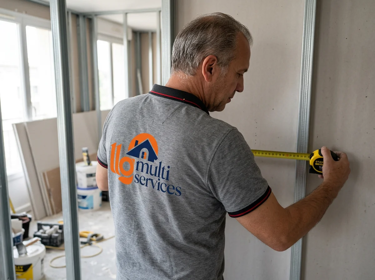 Un homme en chantier mesurant une surface avec un ruban à mesurer sur un mur.