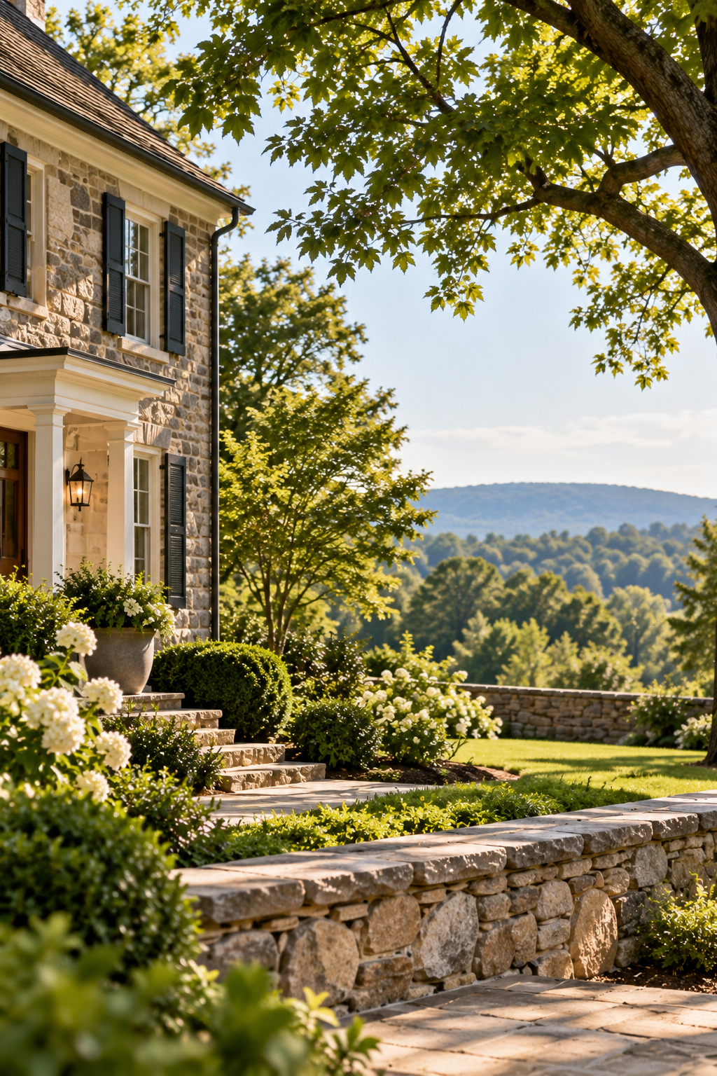 A stone house with black shutters, a porch light, and a set of stone steps leading to a well-maintained garden with white flowers, surrounded by lush green trees under a clear sky.