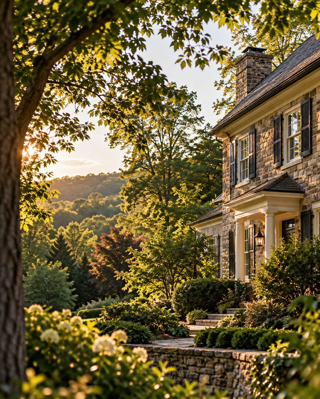 A large stone house with white columns and black shutters is surrounded by lush greenery and gardens, with sunlight filtering through trees in the background.
