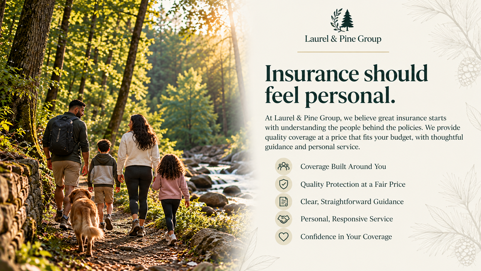 Family walking on a trail in a forest during sunset, with a man, woman, two children, and a dog.