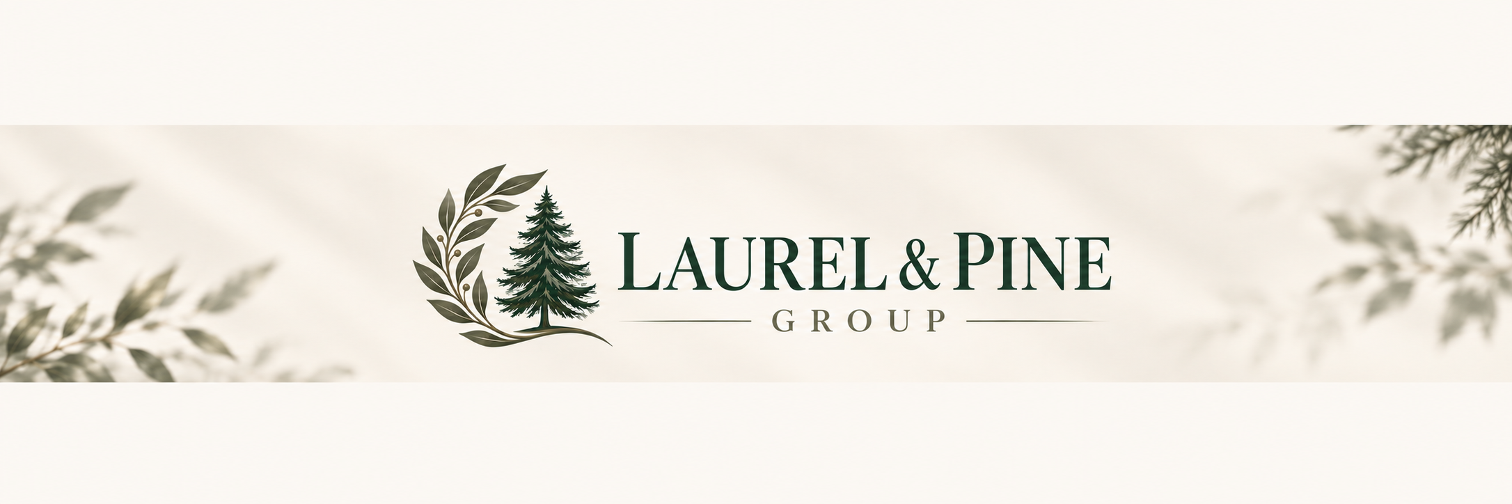Laurel & Pine Group logo with a pine tree and leaves on a beige background