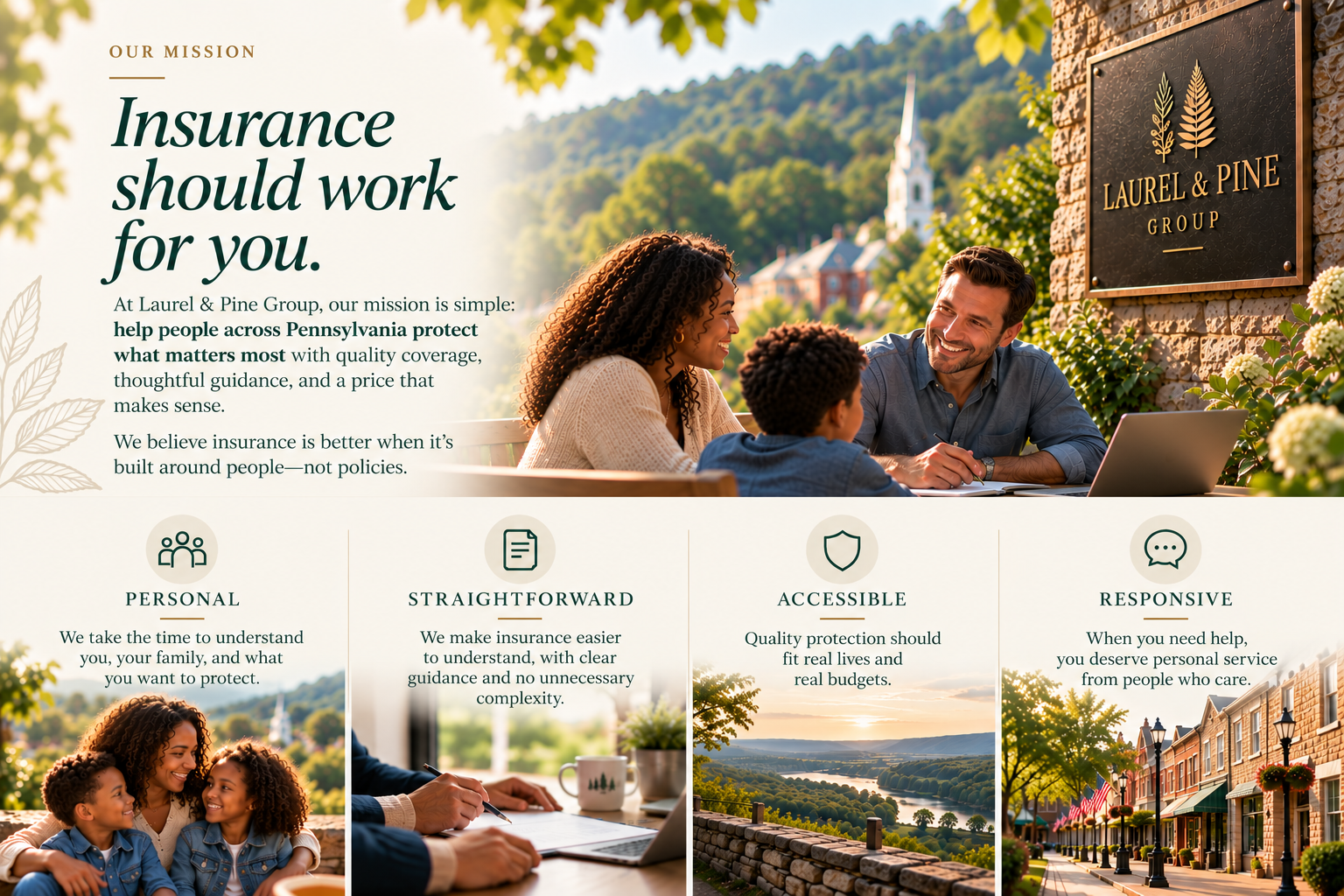 A family sitting outdoors at a table with a consultant, smiling, near a Laurel & Pine Group insurance sign, with a scenic Pennsylvania town background.