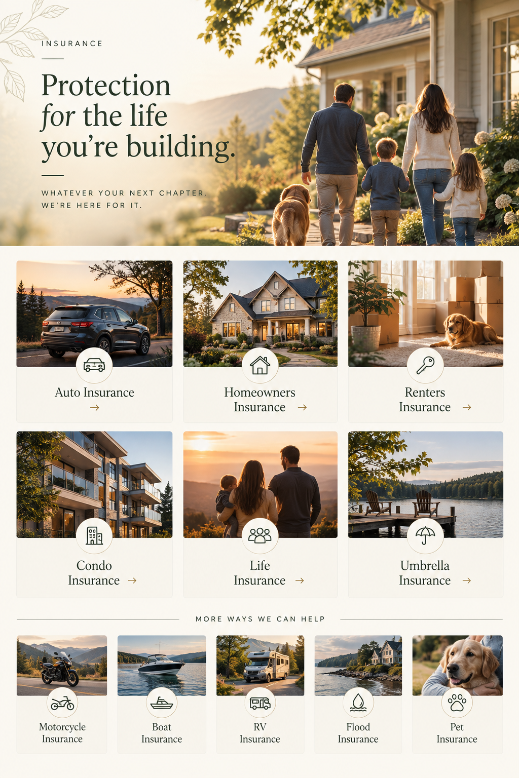 An insurance company's website homepage featuring a family walking to a house with a dog, and various insurance options including auto, homeowners, renters, condo, life, umbrella, motorcycle, boat, RV, flood, and pet, with scenic backgrounds and icons.