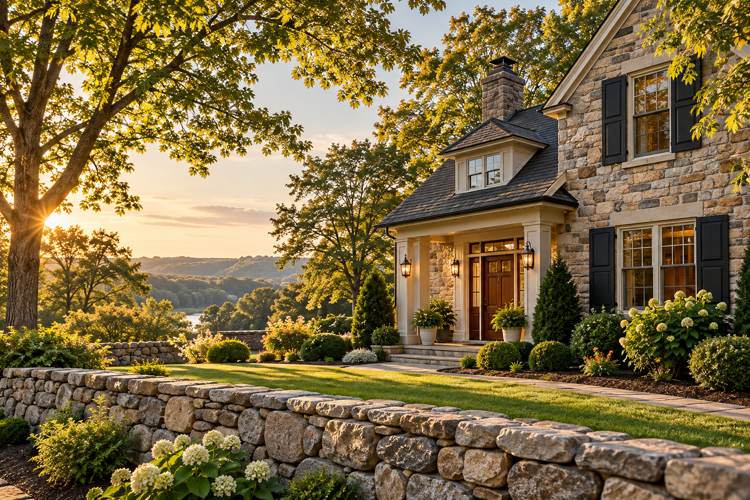 Stone Pennsylvania home with landscaped grounds and a stone wall.