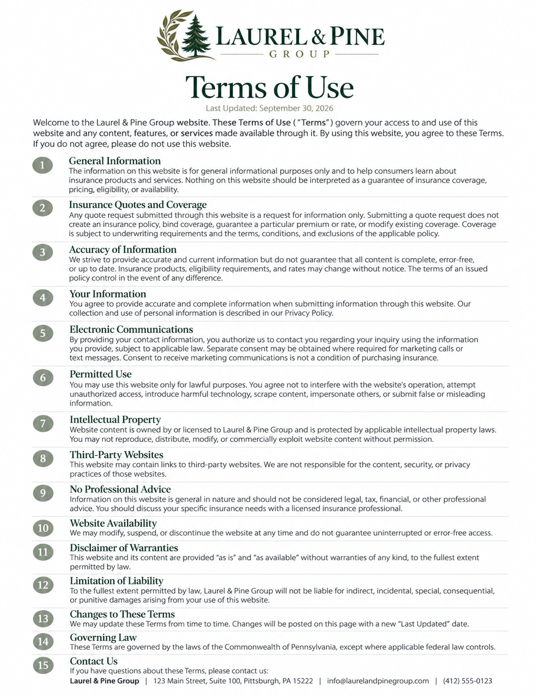 Terms of Use page from Laurel & Pine Group website, dated September 30, 2026, listing policies on information, insurance, electronic communications, permitted use, intellectual property, third-party websites, advice, availability, warranties, liability, updates, governance, and contact details.