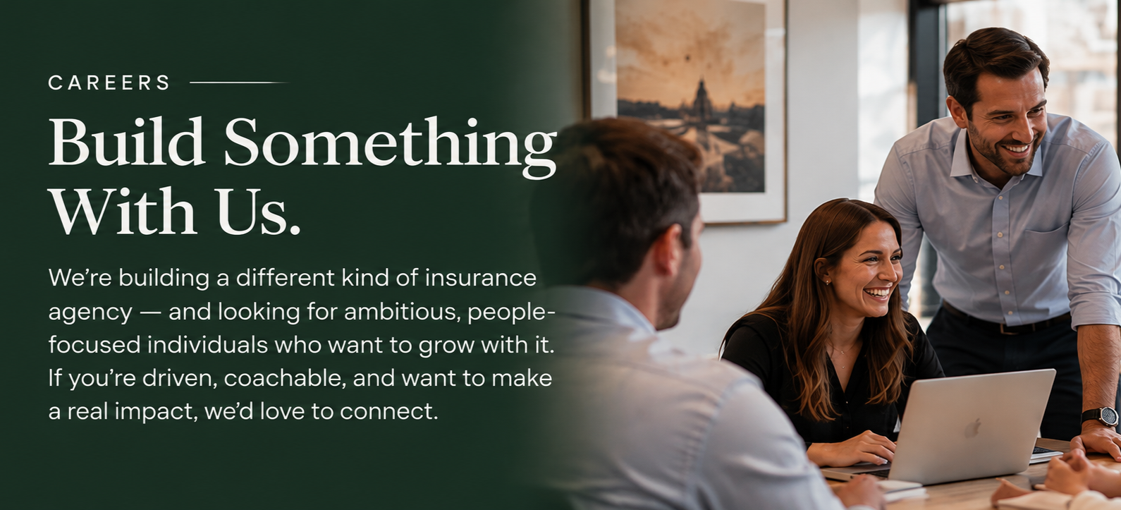 A promotional image for an insurance company's careers page showing three people in a meeting room. One woman is sitting at a table with a laptop, smiling, while two men are standing and engaging with her.